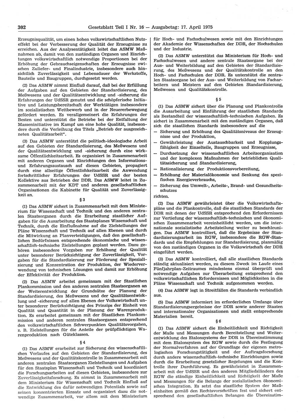 Gesetzblatt (GBl.) der Deutschen Demokratischen Republik (DDR) Teil Ⅰ 1975, Seite 302 (GBl. DDR Ⅰ 1975, S. 302)