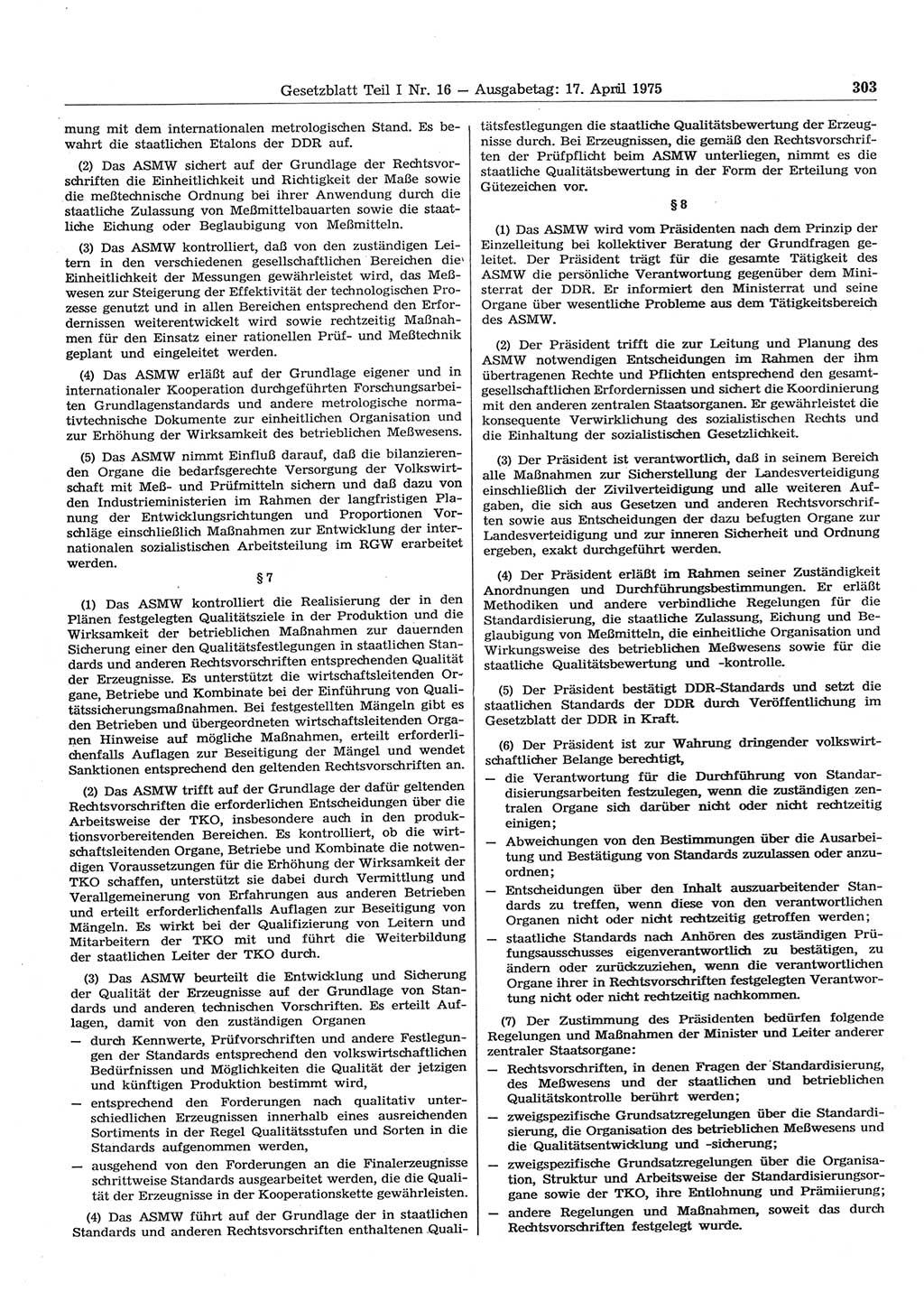 Gesetzblatt (GBl.) der Deutschen Demokratischen Republik (DDR) Teil Ⅰ 1975, Seite 303 (GBl. DDR Ⅰ 1975, S. 303)