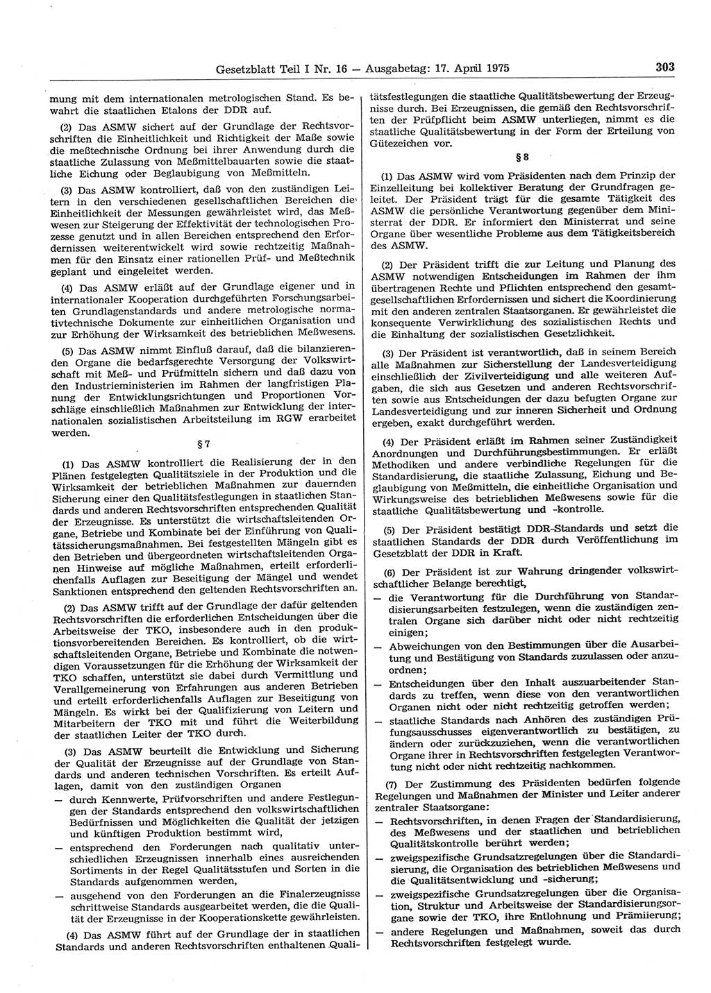 Gesetzblatt (GBl.) der Deutschen Demokratischen Republik (DDR) Teil Ⅰ 1975, Seite 303 (GBl. DDR Ⅰ 1975, S. 303)