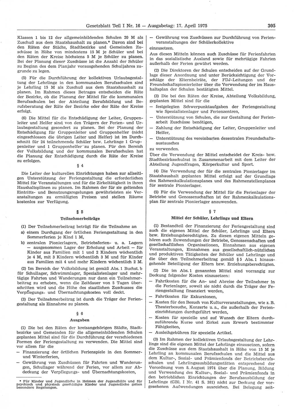 Gesetzblatt (GBl.) der Deutschen Demokratischen Republik (DDR) Teil Ⅰ 1975, Seite 305 (GBl. DDR Ⅰ 1975, S. 305)