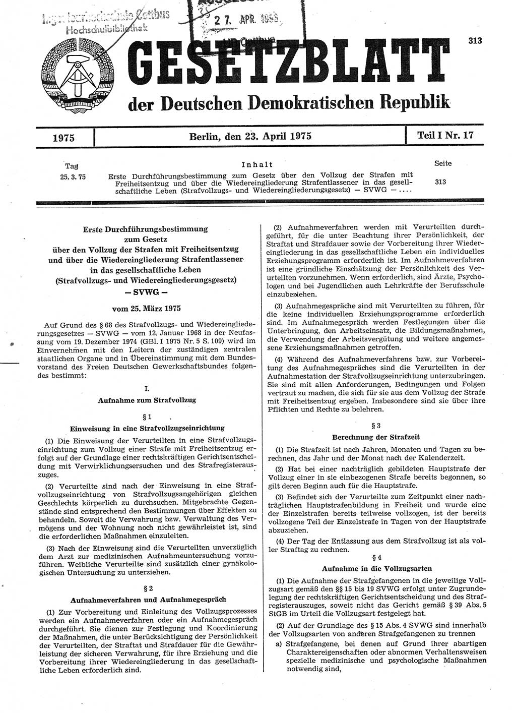 Gesetzblatt (GBl.) der Deutschen Demokratischen Republik (DDR) Teil Ⅰ 1975, Seite 313 (GBl. DDR Ⅰ 1975, S. 313)