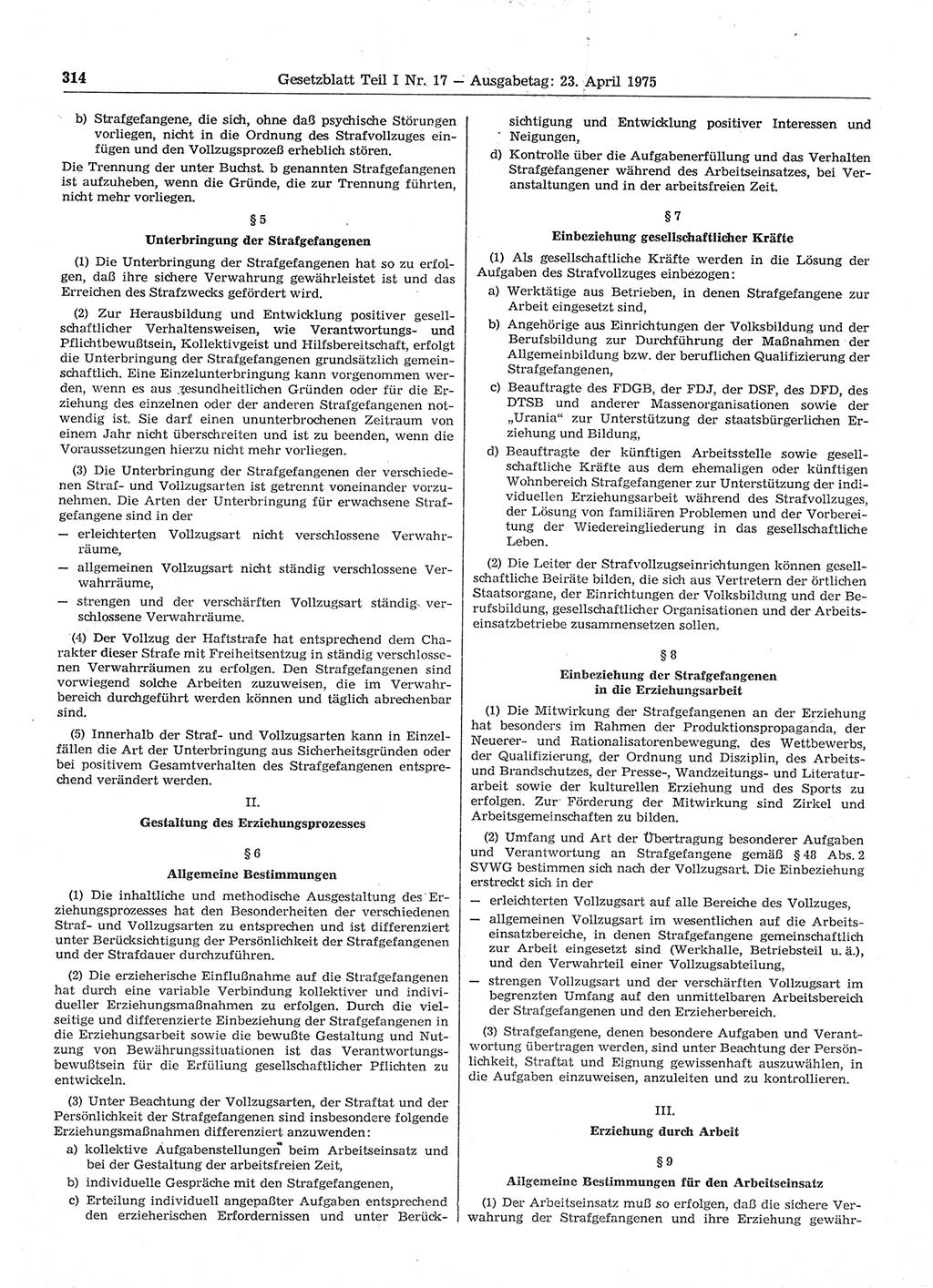 Gesetzblatt (GBl.) der Deutschen Demokratischen Republik (DDR) Teil Ⅰ 1975, Seite 314 (GBl. DDR Ⅰ 1975, S. 314)