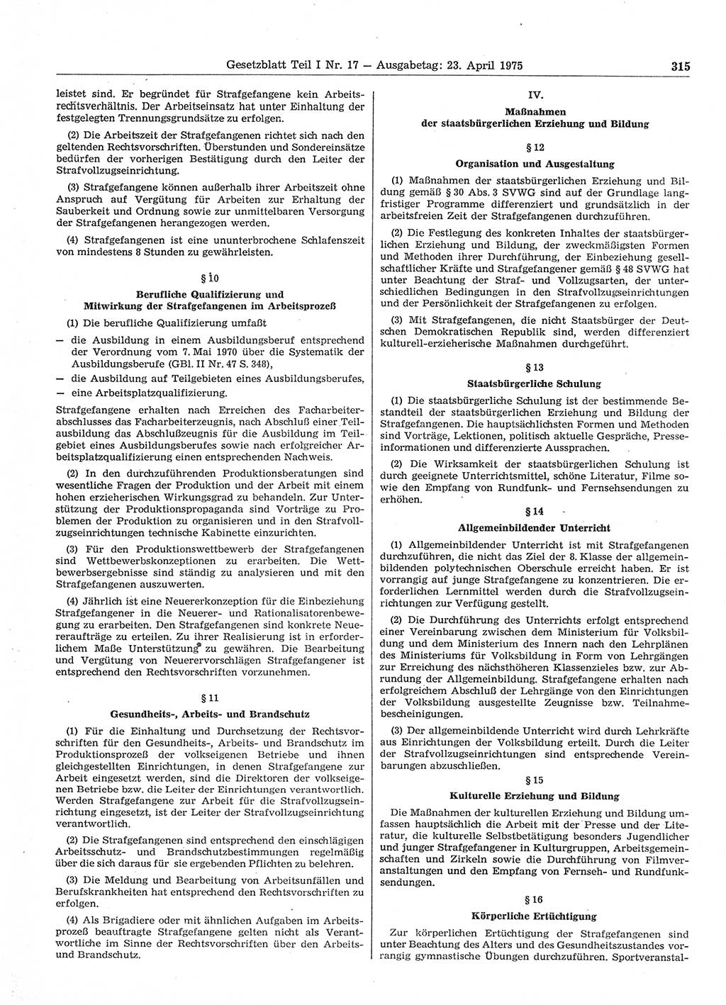 Gesetzblatt (GBl.) der Deutschen Demokratischen Republik (DDR) Teil Ⅰ 1975, Seite 315 (GBl. DDR Ⅰ 1975, S. 315)