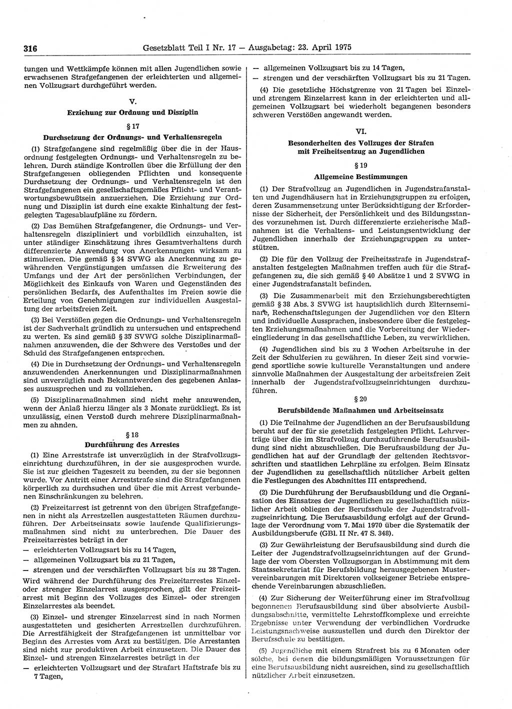 Gesetzblatt (GBl.) der Deutschen Demokratischen Republik (DDR) Teil Ⅰ 1975, Seite 316 (GBl. DDR Ⅰ 1975, S. 316)