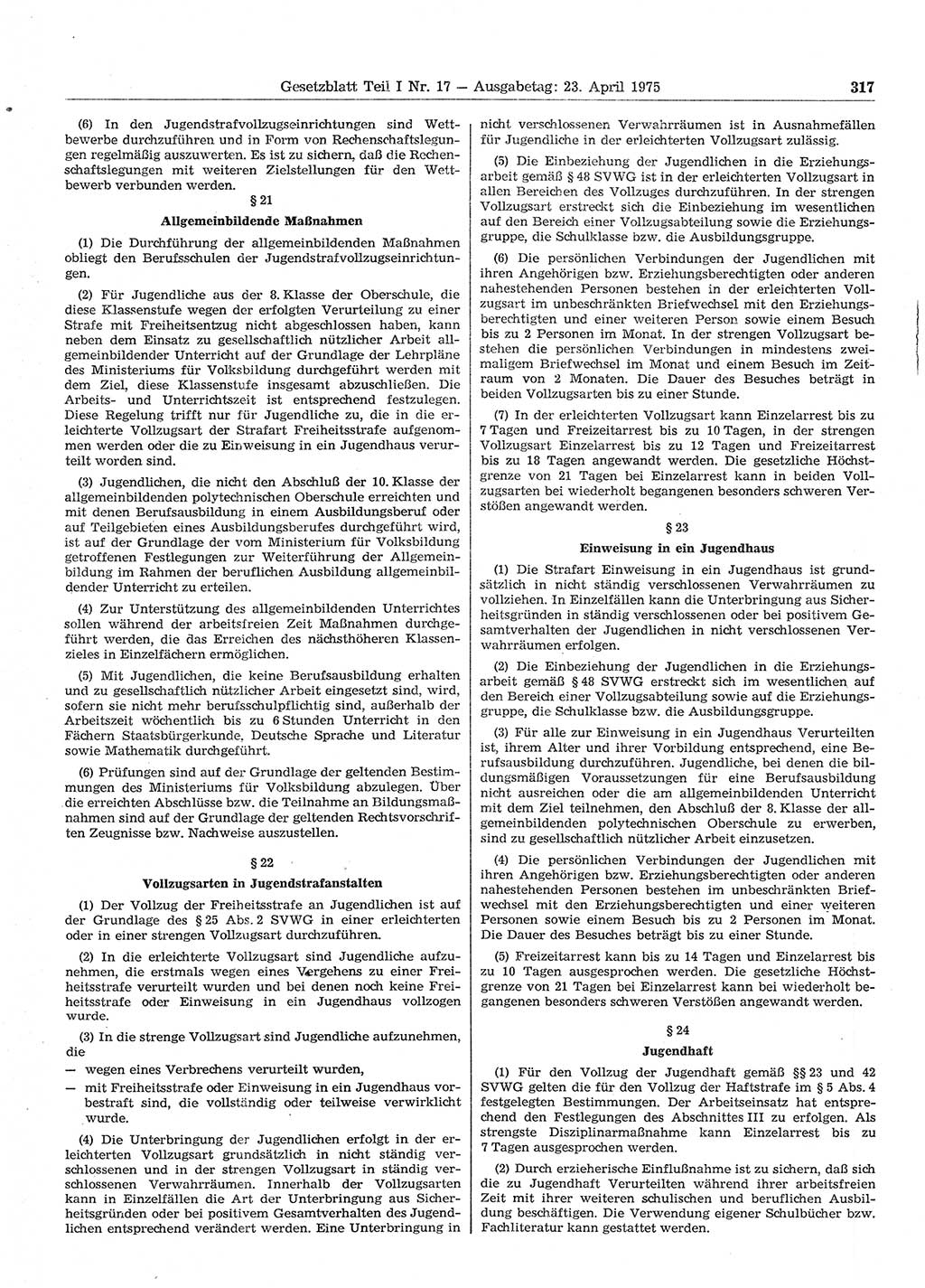 Gesetzblatt (GBl.) der Deutschen Demokratischen Republik (DDR) Teil Ⅰ 1975, Seite 317 (GBl. DDR Ⅰ 1975, S. 317)