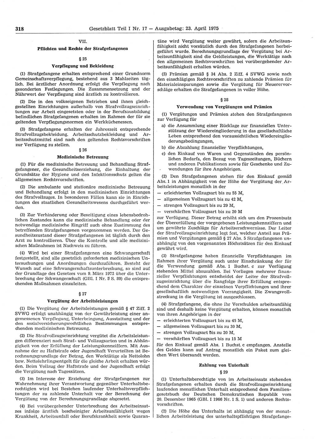 Gesetzblatt (GBl.) der Deutschen Demokratischen Republik (DDR) Teil Ⅰ 1975, Seite 318 (GBl. DDR Ⅰ 1975, S. 318)