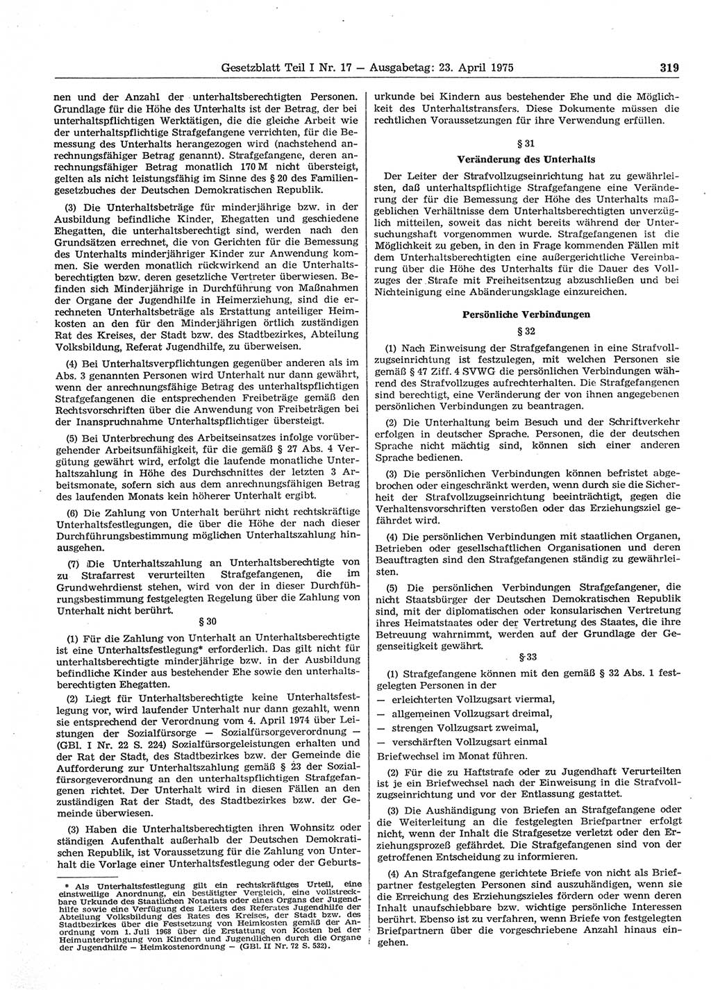 Gesetzblatt (GBl.) der Deutschen Demokratischen Republik (DDR) Teil Ⅰ 1975, Seite 319 (GBl. DDR Ⅰ 1975, S. 319)