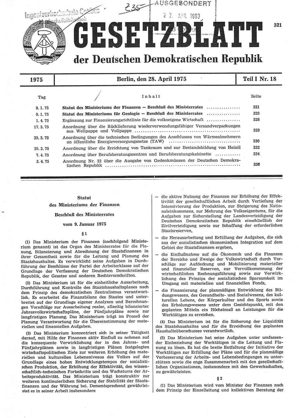 Gesetzblatt (GBl.) der Deutschen Demokratischen Republik (DDR) Teil Ⅰ 1975, Seite 321 (GBl. DDR Ⅰ 1975, S. 321)