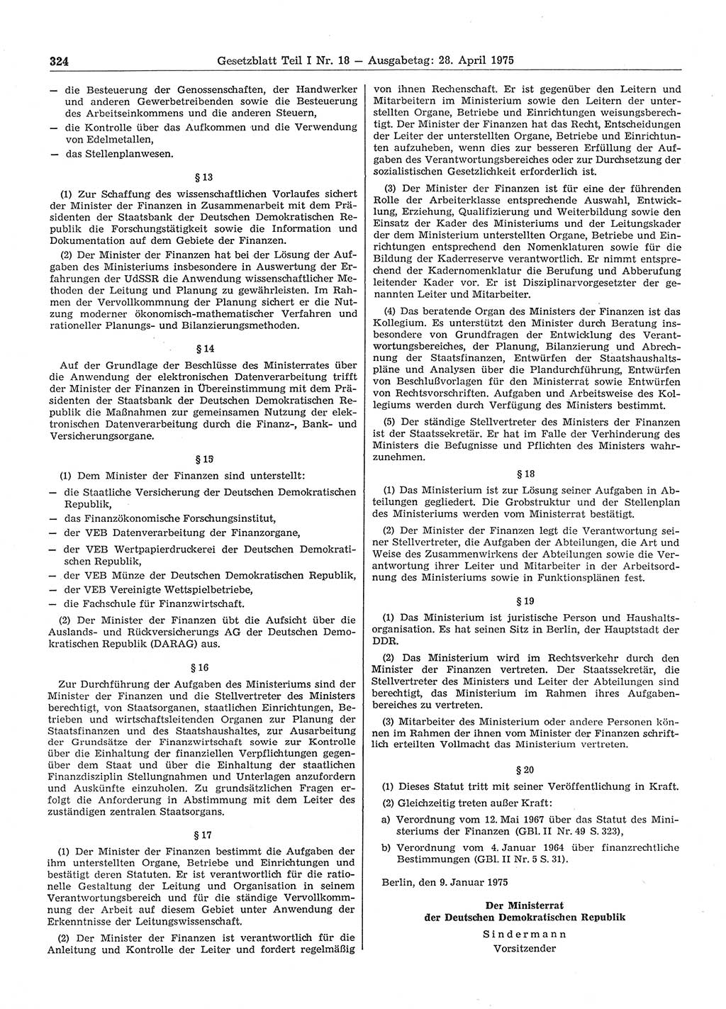 Gesetzblatt (GBl.) der Deutschen Demokratischen Republik (DDR) Teil Ⅰ 1975, Seite 324 (GBl. DDR Ⅰ 1975, S. 324)