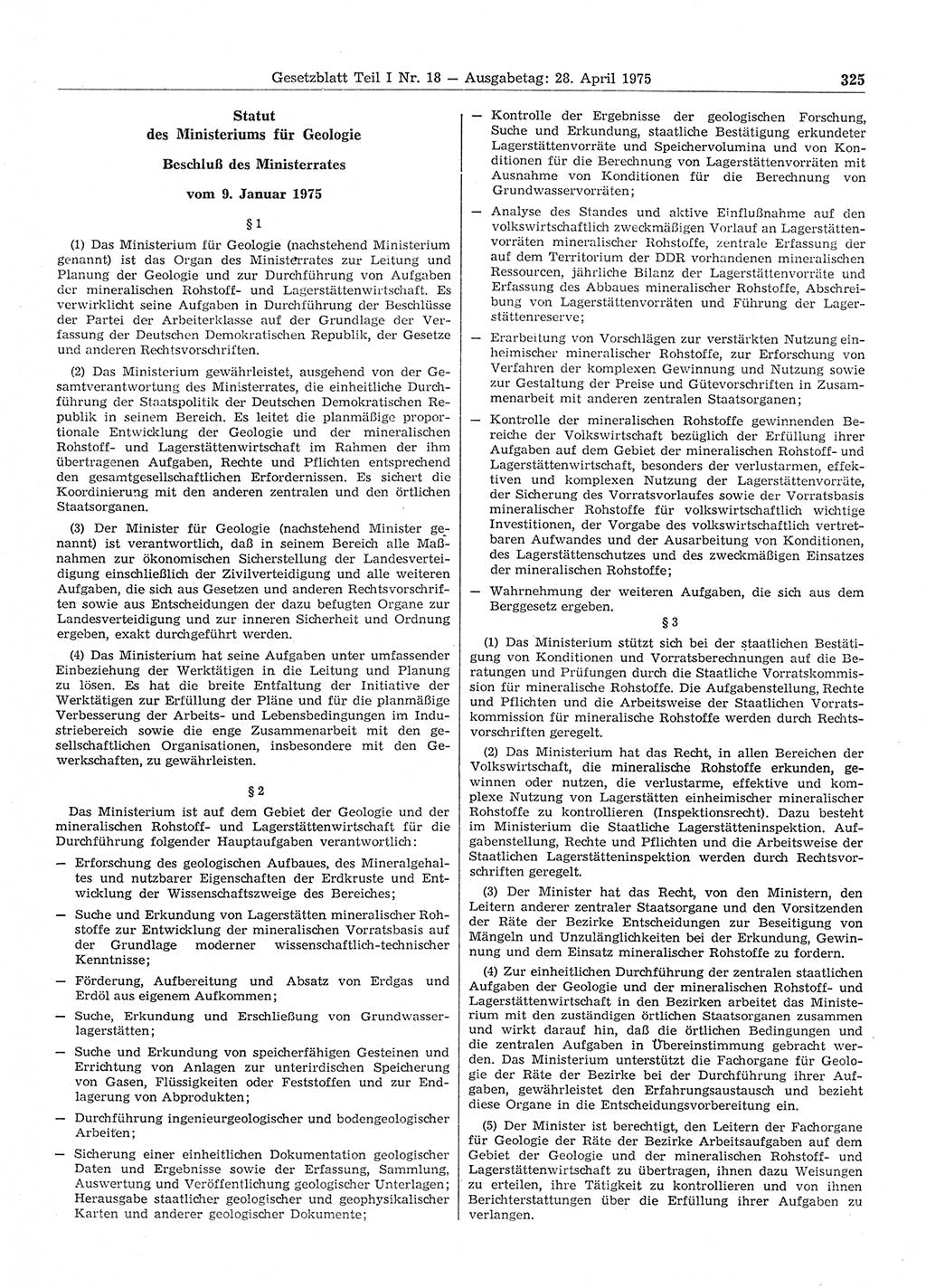 Gesetzblatt (GBl.) der Deutschen Demokratischen Republik (DDR) Teil Ⅰ 1975, Seite 325 (GBl. DDR Ⅰ 1975, S. 325)