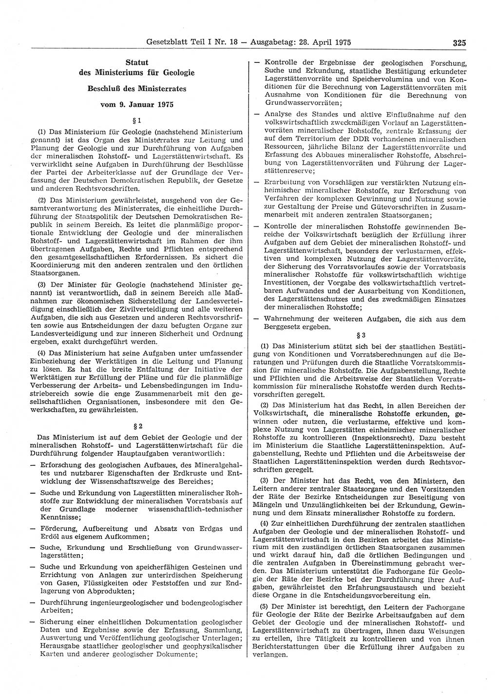 Gesetzblatt (GBl.) der Deutschen Demokratischen Republik (DDR) Teil Ⅰ 1975, Seite 325 (GBl. DDR Ⅰ 1975, S. 325)