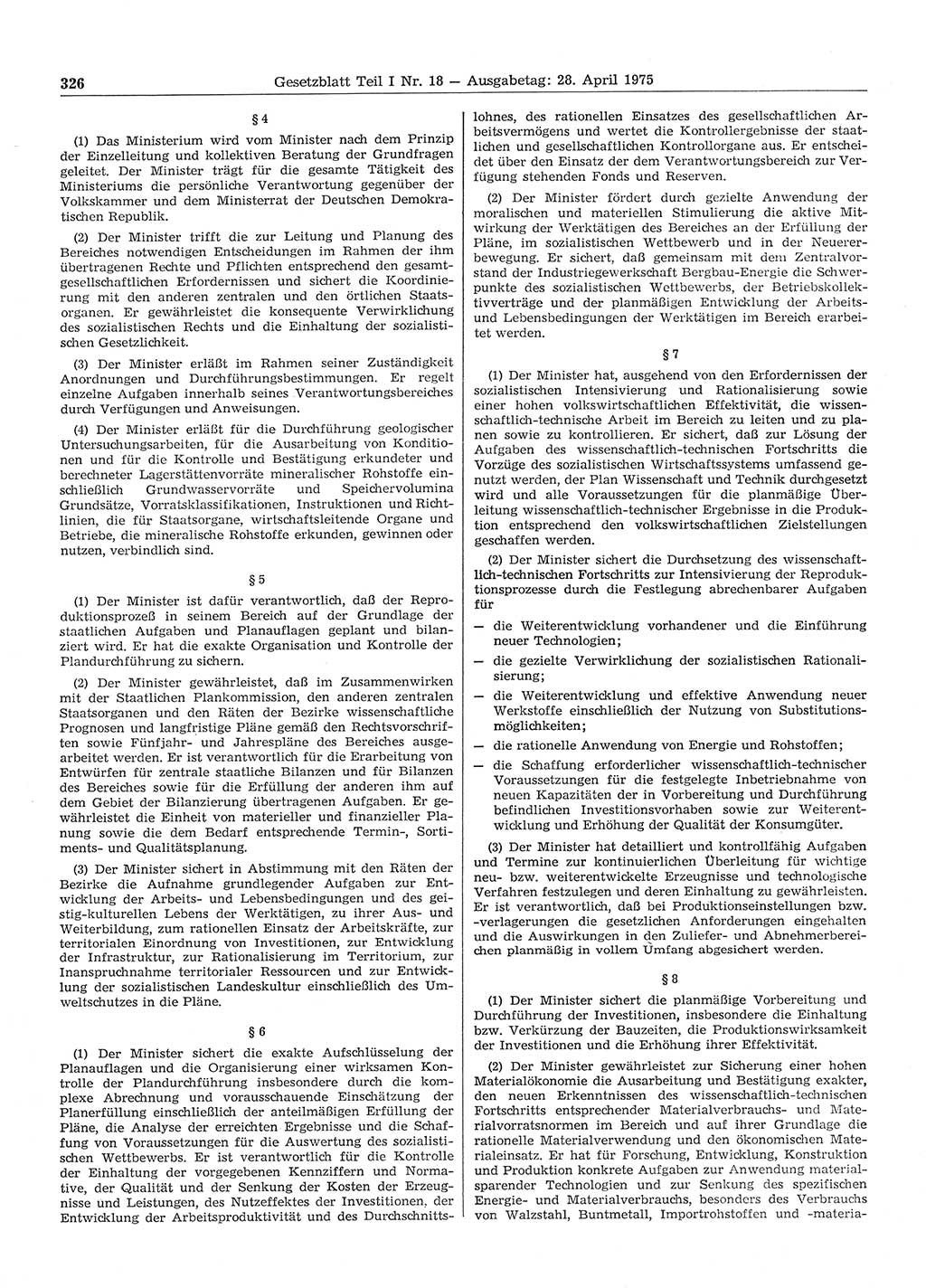 Gesetzblatt (GBl.) der Deutschen Demokratischen Republik (DDR) Teil Ⅰ 1975, Seite 326 (GBl. DDR Ⅰ 1975, S. 326)