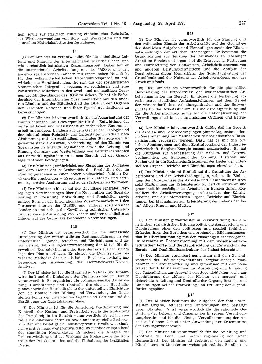 Gesetzblatt (GBl.) der Deutschen Demokratischen Republik (DDR) Teil Ⅰ 1975, Seite 327 (GBl. DDR Ⅰ 1975, S. 327)