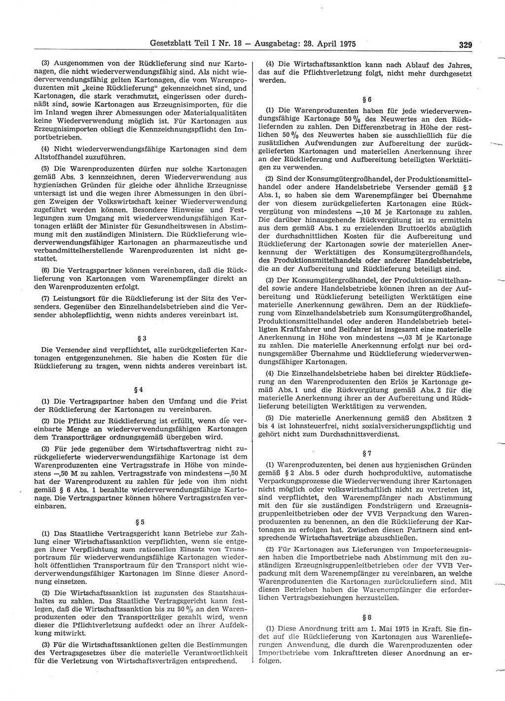 Gesetzblatt (GBl.) der Deutschen Demokratischen Republik (DDR) Teil Ⅰ 1975, Seite 329 (GBl. DDR Ⅰ 1975, S. 329)