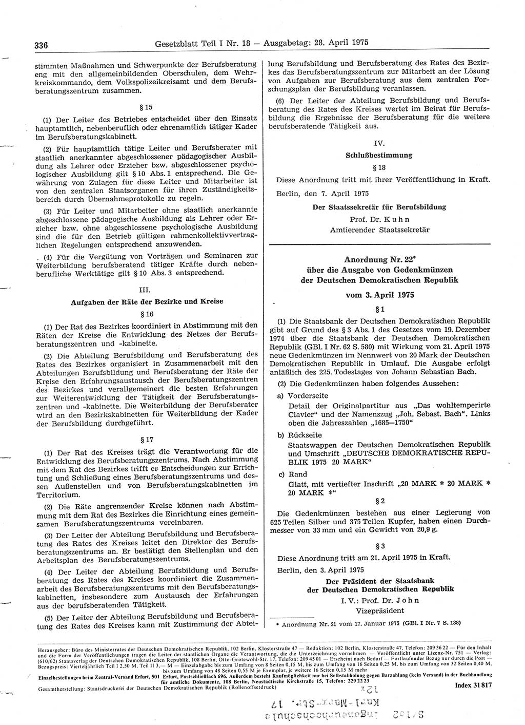 Gesetzblatt (GBl.) der Deutschen Demokratischen Republik (DDR) Teil Ⅰ 1975, Seite 336 (GBl. DDR Ⅰ 1975, S. 336)
