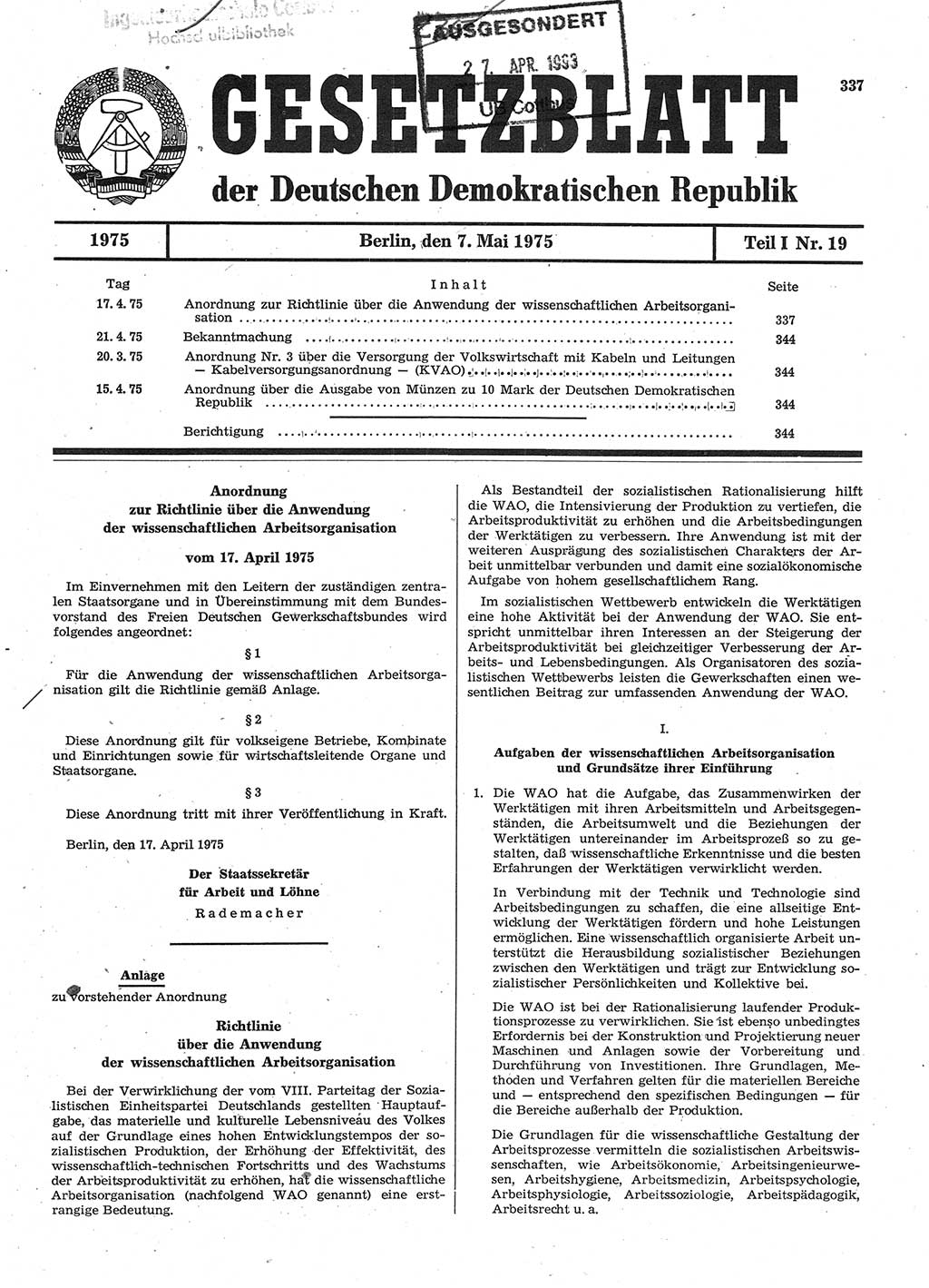 Gesetzblatt (GBl.) der Deutschen Demokratischen Republik (DDR) Teil Ⅰ 1975, Seite 337 (GBl. DDR Ⅰ 1975, S. 337)