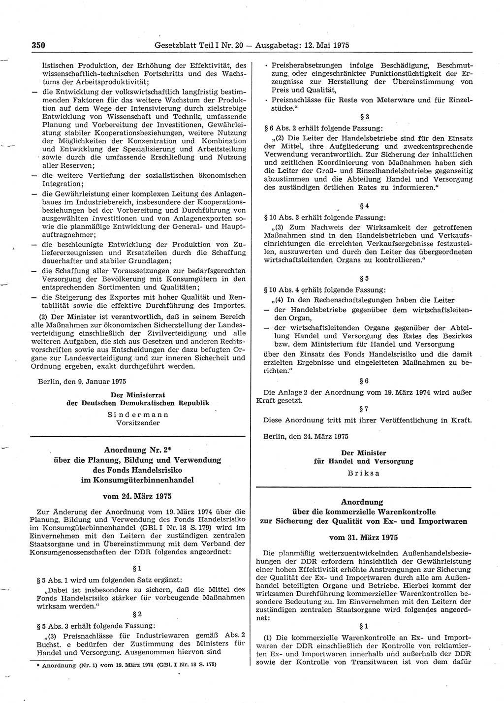 Gesetzblatt (GBl.) der Deutschen Demokratischen Republik (DDR) Teil Ⅰ 1975, Seite 350 (GBl. DDR Ⅰ 1975, S. 350)