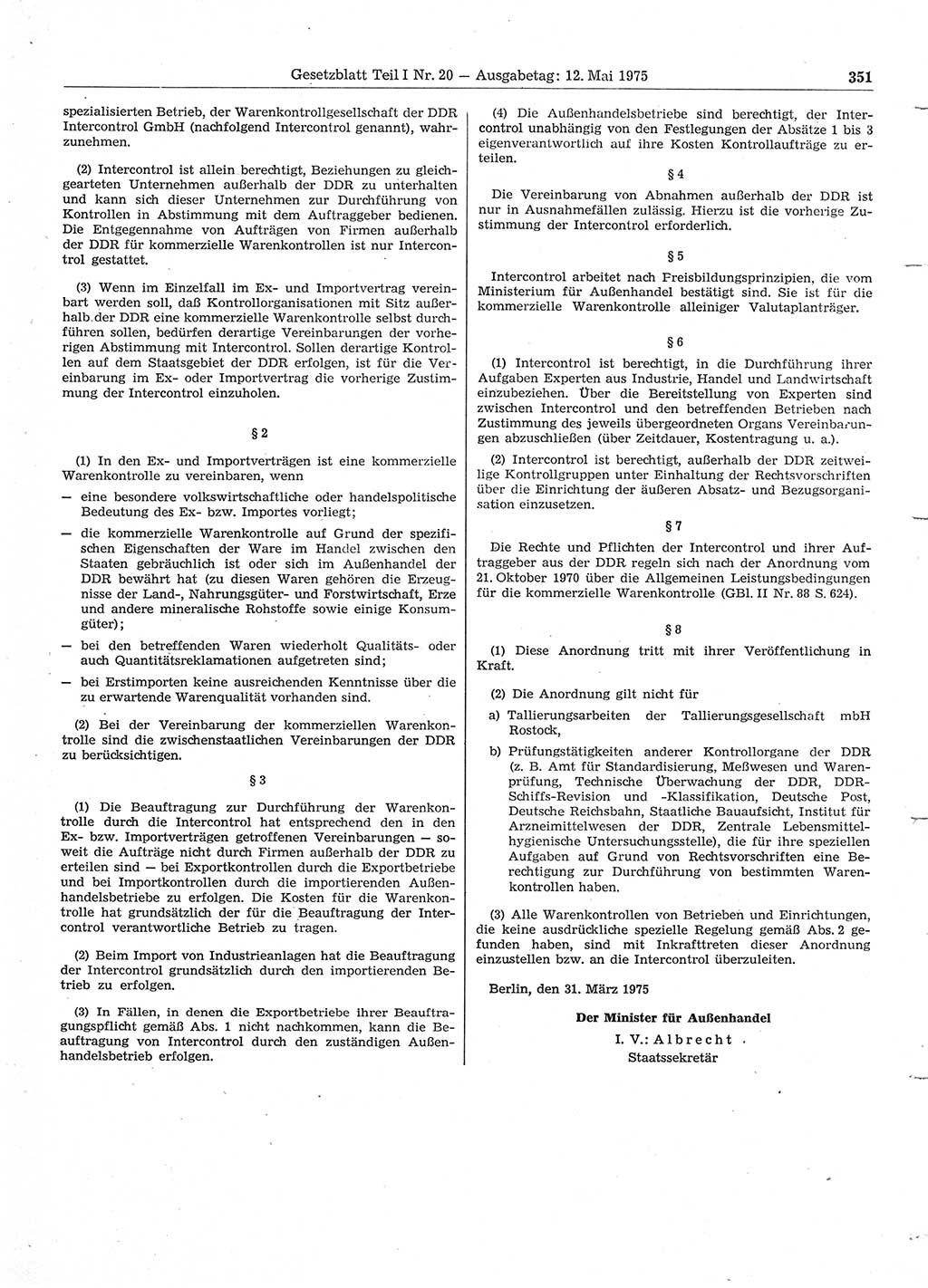 Gesetzblatt (GBl.) der Deutschen Demokratischen Republik (DDR) Teil Ⅰ 1975, Seite 351 (GBl. DDR Ⅰ 1975, S. 351)