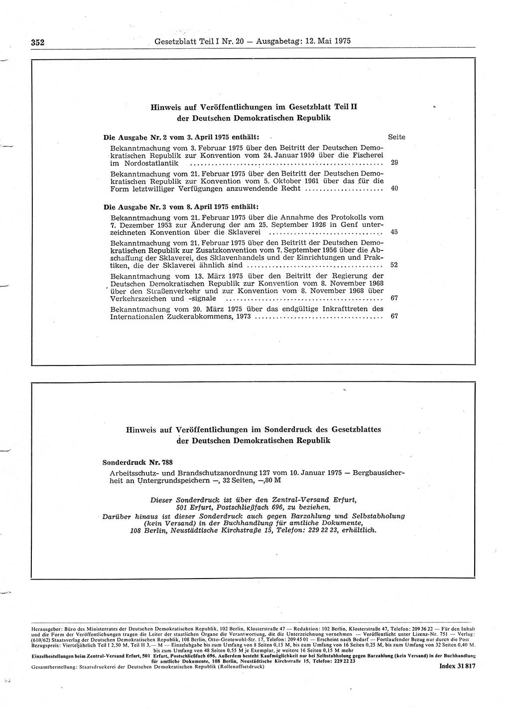 Gesetzblatt (GBl.) der Deutschen Demokratischen Republik (DDR) Teil Ⅰ 1975, Seite 352 (GBl. DDR Ⅰ 1975, S. 352)