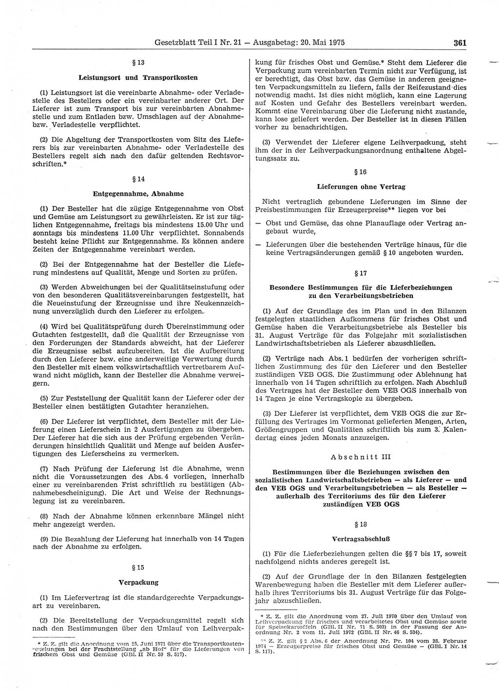 Gesetzblatt (GBl.) der Deutschen Demokratischen Republik (DDR) Teil Ⅰ 1975, Seite 361 (GBl. DDR Ⅰ 1975, S. 361)