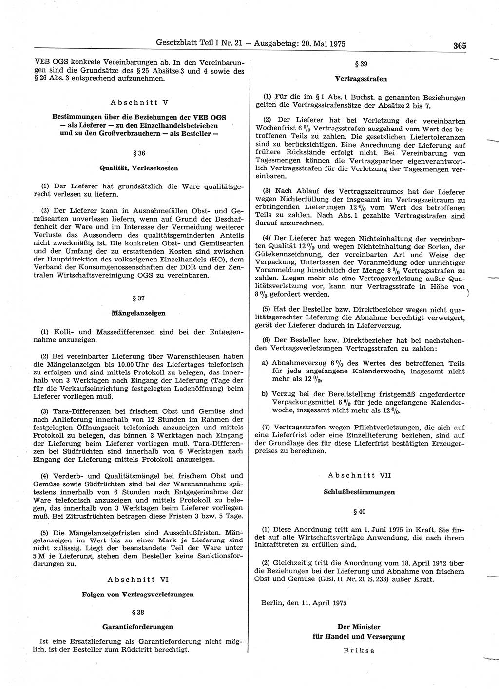 Gesetzblatt (GBl.) der Deutschen Demokratischen Republik (DDR) Teil Ⅰ 1975, Seite 365 (GBl. DDR Ⅰ 1975, S. 365)