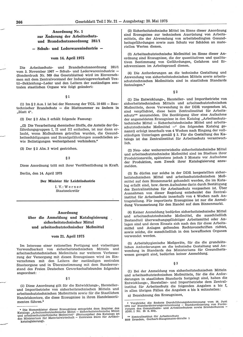 Gesetzblatt (GBl.) der Deutschen Demokratischen Republik (DDR) Teil Ⅰ 1975, Seite 366 (GBl. DDR Ⅰ 1975, S. 366)