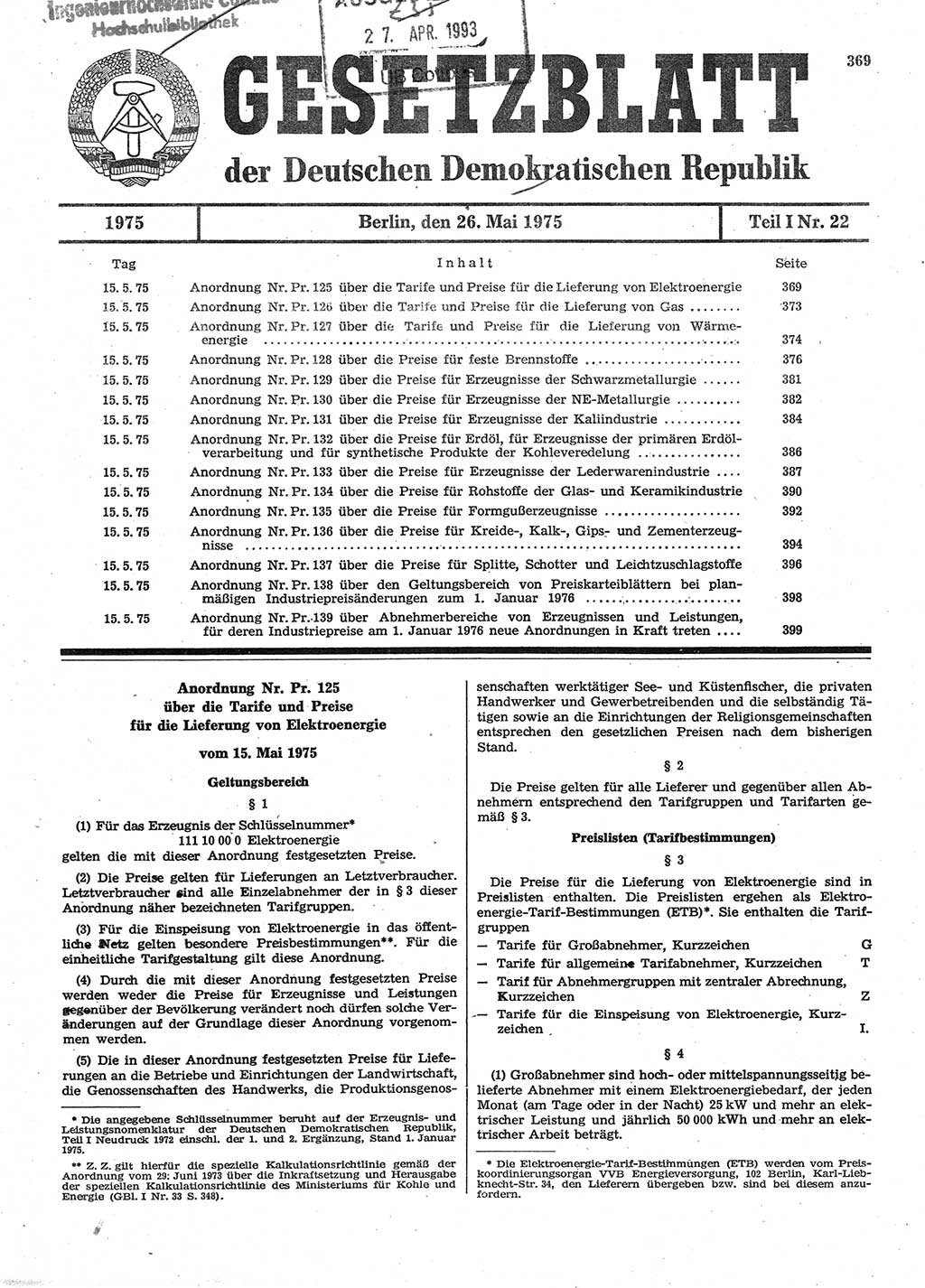 Gesetzblatt (GBl.) der Deutschen Demokratischen Republik (DDR) Teil Ⅰ 1975, Seite 369 (GBl. DDR Ⅰ 1975, S. 369)