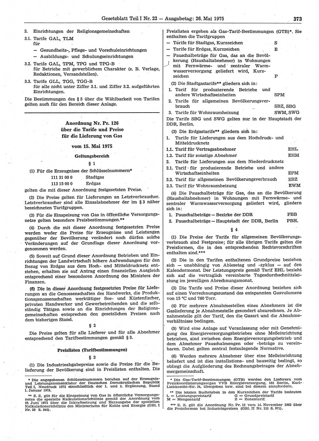Gesetzblatt (GBl.) der Deutschen Demokratischen Republik (DDR) Teil Ⅰ 1975, Seite 373 (GBl. DDR Ⅰ 1975, S. 373)