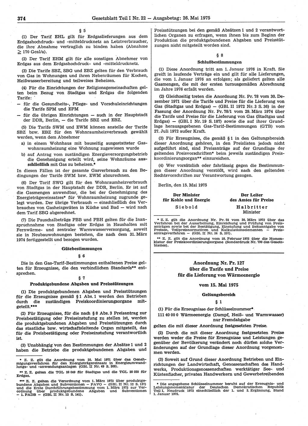 Gesetzblatt (GBl.) der Deutschen Demokratischen Republik (DDR) Teil Ⅰ 1975, Seite 374 (GBl. DDR Ⅰ 1975, S. 374)