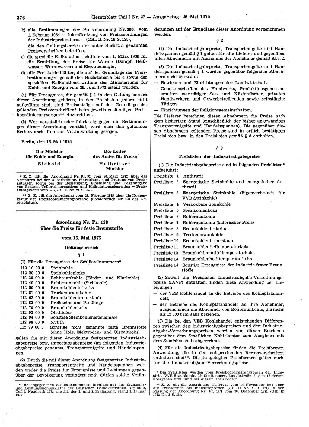 Gesetzblatt (GBl.) der Deutschen Demokratischen Republik (DDR) Teil Ⅰ 1975, Seite 376 (GBl. DDR Ⅰ 1975, S. 376)