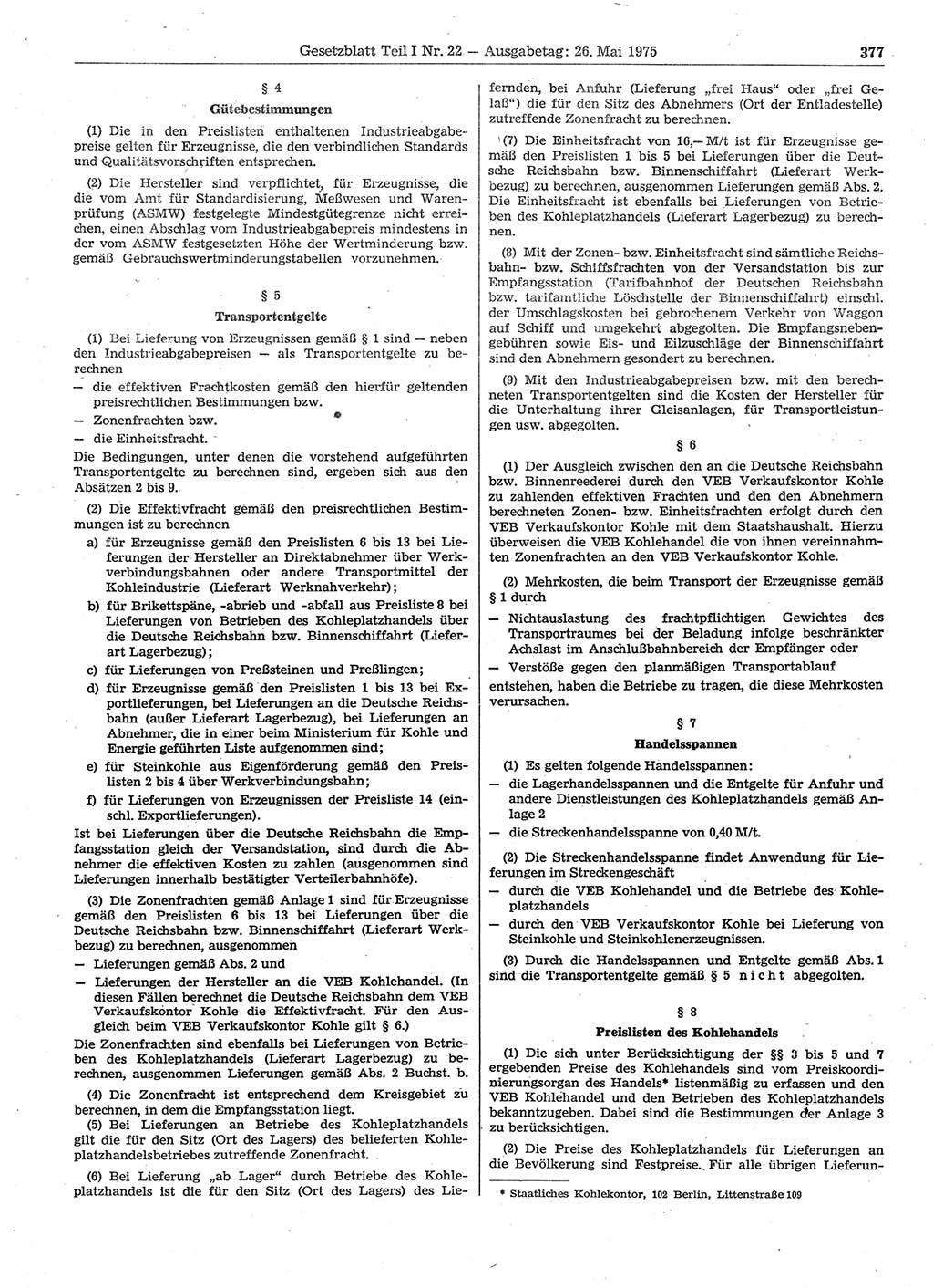 Gesetzblatt (GBl.) der Deutschen Demokratischen Republik (DDR) Teil Ⅰ 1975, Seite 377 (GBl. DDR Ⅰ 1975, S. 377)