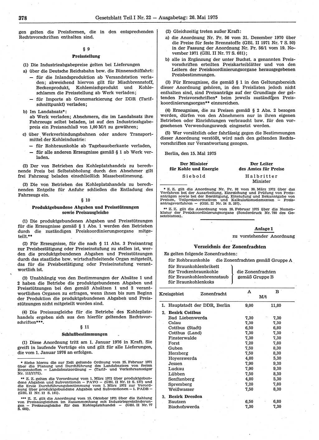 Gesetzblatt (GBl.) der Deutschen Demokratischen Republik (DDR) Teil Ⅰ 1975, Seite 378 (GBl. DDR Ⅰ 1975, S. 378)