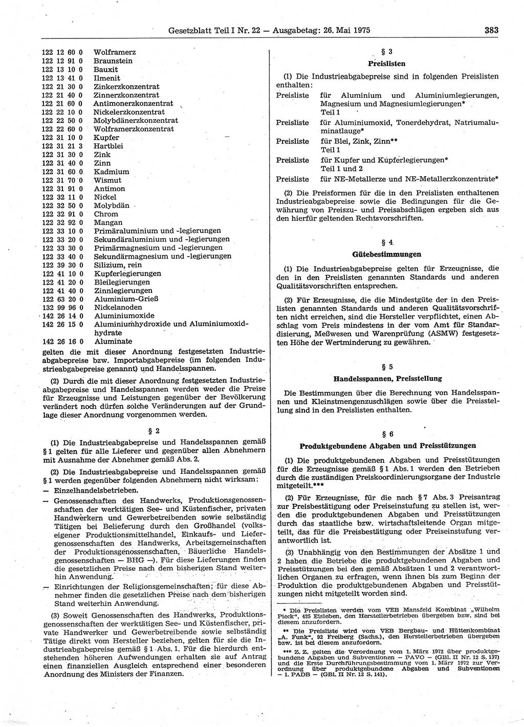 Gesetzblatt (GBl.) der Deutschen Demokratischen Republik (DDR) Teil Ⅰ 1975, Seite 383 (GBl. DDR Ⅰ 1975, S. 383)