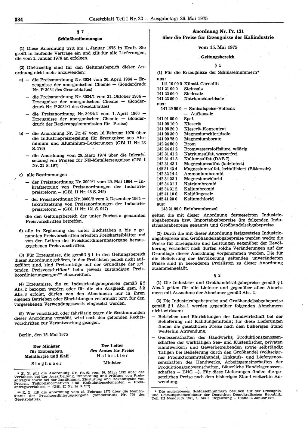 Gesetzblatt (GBl.) der Deutschen Demokratischen Republik (DDR) Teil Ⅰ 1975, Seite 384 (GBl. DDR Ⅰ 1975, S. 384)