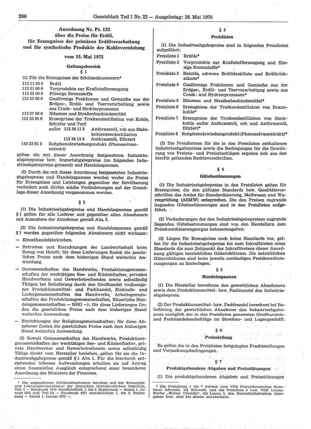 Gesetzblatt (GBl.) der Deutschen Demokratischen Republik (DDR) Teil Ⅰ 1975, Seite 386 (GBl. DDR Ⅰ 1975, S. 386)