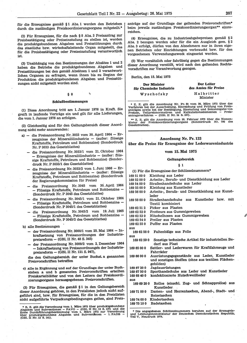 Gesetzblatt (GBl.) der Deutschen Demokratischen Republik (DDR) Teil Ⅰ 1975, Seite 387 (GBl. DDR Ⅰ 1975, S. 387)