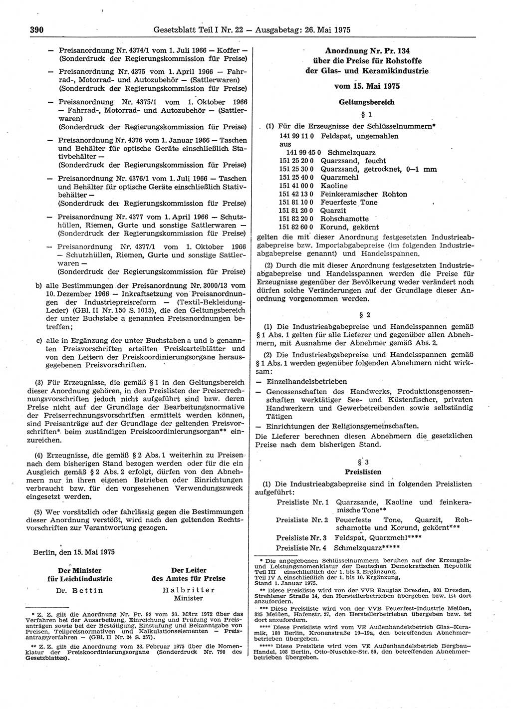 Gesetzblatt (GBl.) der Deutschen Demokratischen Republik (DDR) Teil Ⅰ 1975, Seite 390 (GBl. DDR Ⅰ 1975, S. 390)