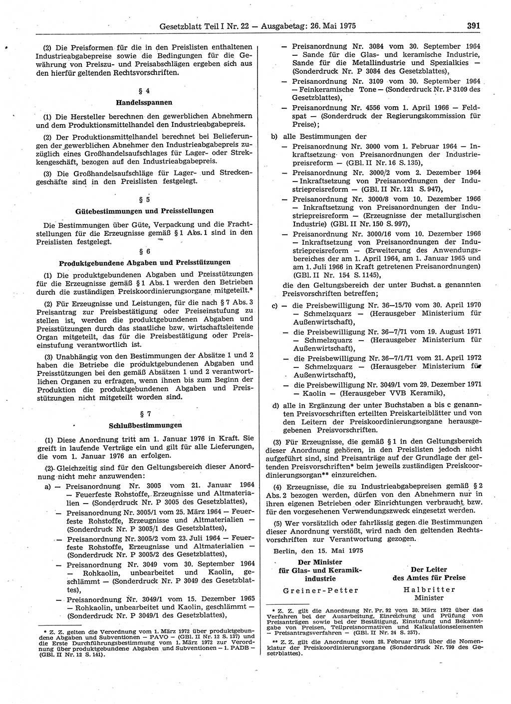 Gesetzblatt (GBl.) der Deutschen Demokratischen Republik (DDR) Teil Ⅰ 1975, Seite 391 (GBl. DDR Ⅰ 1975, S. 391)