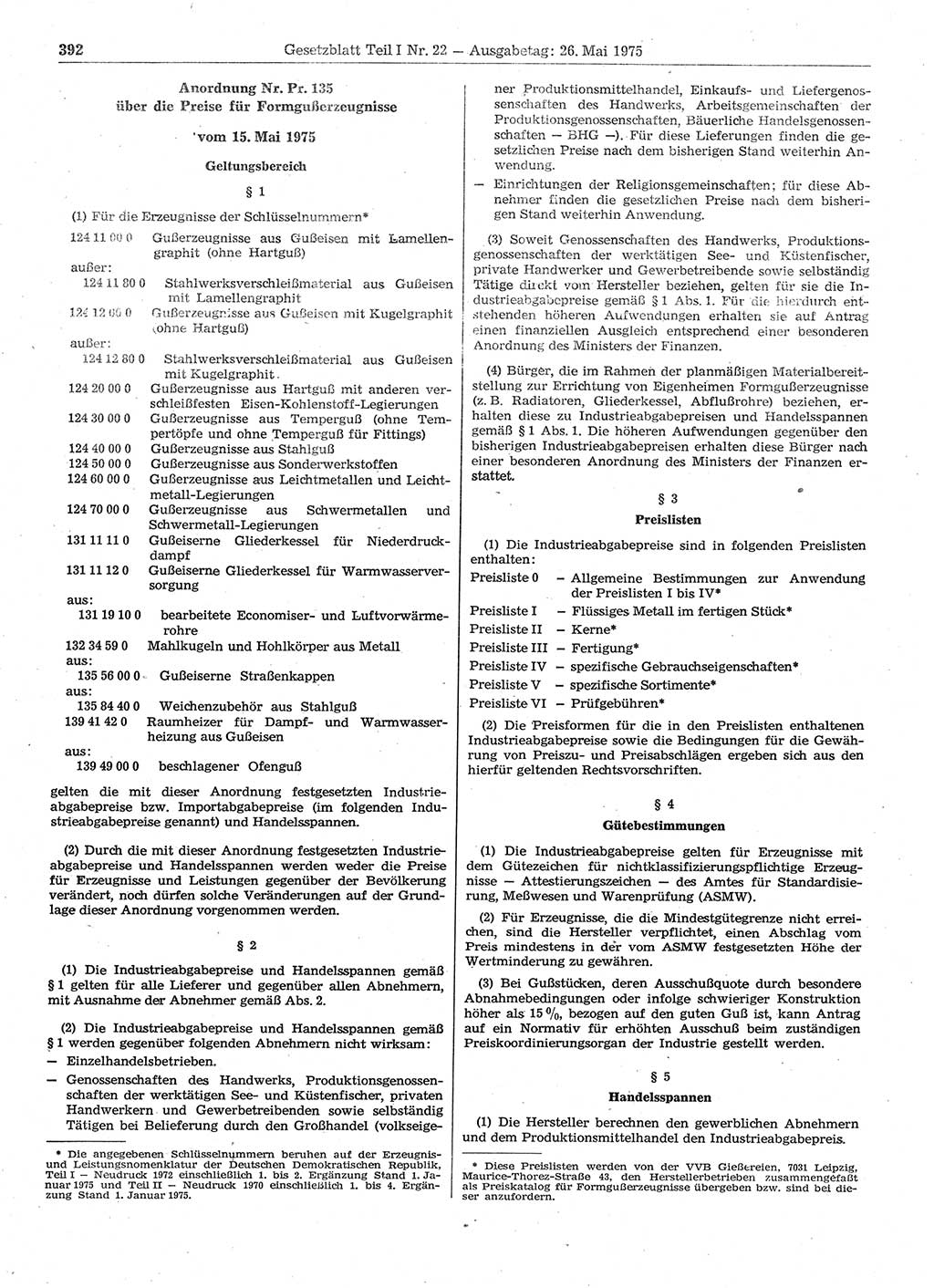 Gesetzblatt (GBl.) der Deutschen Demokratischen Republik (DDR) Teil Ⅰ 1975, Seite 392 (GBl. DDR Ⅰ 1975, S. 392)