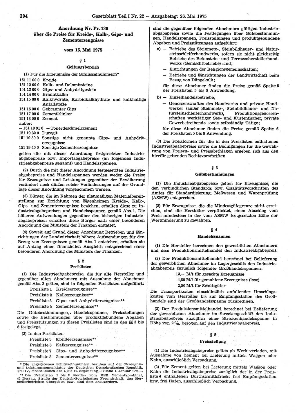 Gesetzblatt (GBl.) der Deutschen Demokratischen Republik (DDR) Teil Ⅰ 1975, Seite 394 (GBl. DDR Ⅰ 1975, S. 394)