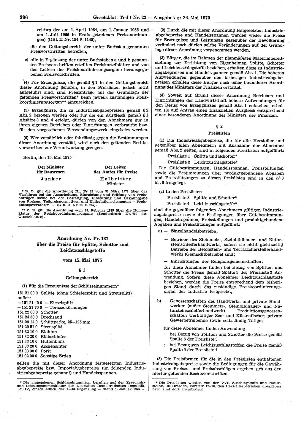 Gesetzblatt (GBl.) der Deutschen Demokratischen Republik (DDR) Teil Ⅰ 1975, Seite 396 (GBl. DDR Ⅰ 1975, S. 396)