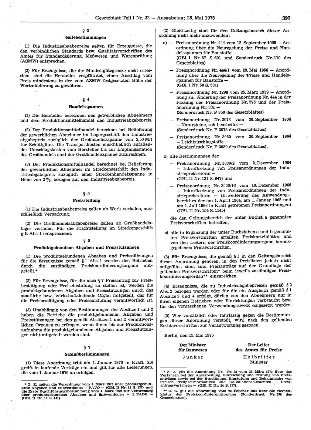 Gesetzblatt (GBl.) der Deutschen Demokratischen Republik (DDR) Teil Ⅰ 1975, Seite 397 (GBl. DDR Ⅰ 1975, S. 397)