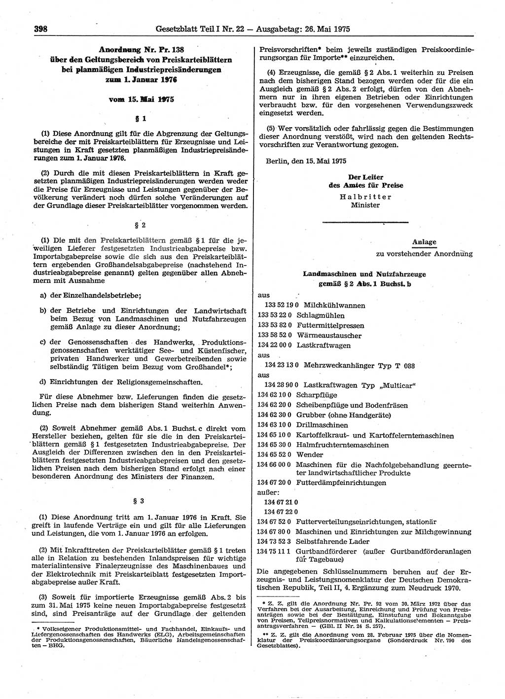 Gesetzblatt (GBl.) der Deutschen Demokratischen Republik (DDR) Teil Ⅰ 1975, Seite 398 (GBl. DDR Ⅰ 1975, S. 398)