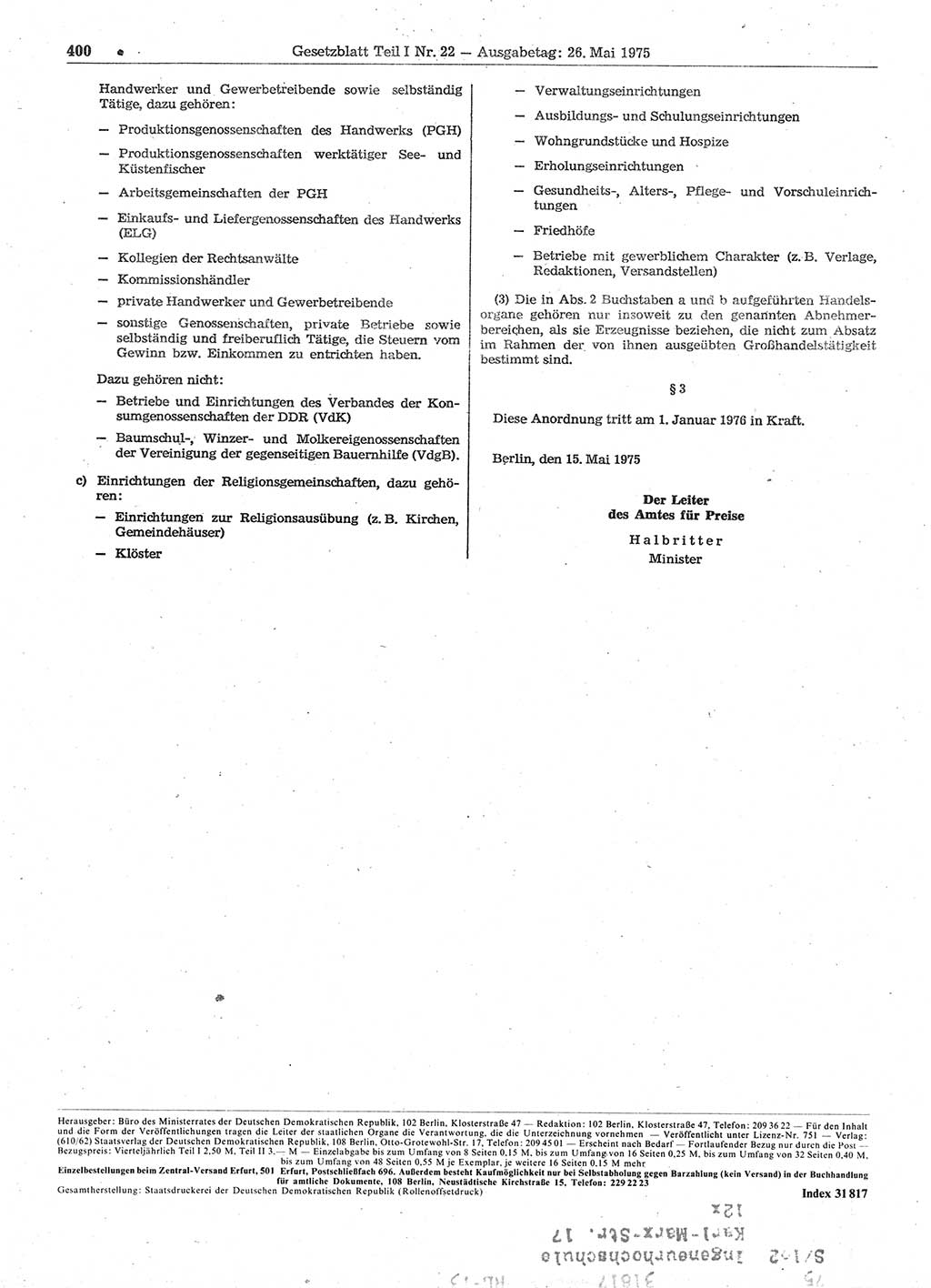 Gesetzblatt (GBl.) der Deutschen Demokratischen Republik (DDR) Teil Ⅰ 1975, Seite 400 (GBl. DDR Ⅰ 1975, S. 400)