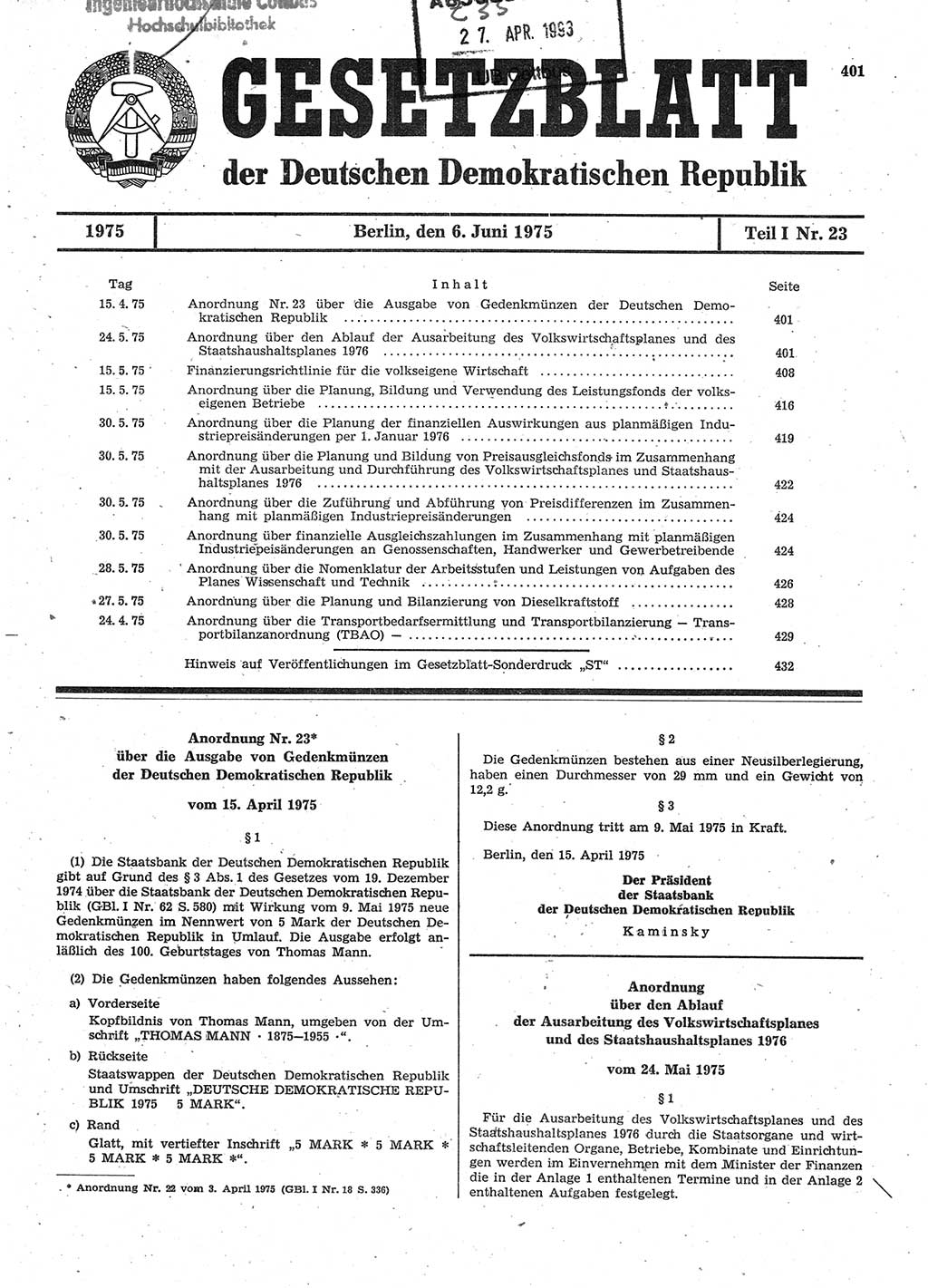 Gesetzblatt (GBl.) der Deutschen Demokratischen Republik (DDR) Teil Ⅰ 1975, Seite 401 (GBl. DDR Ⅰ 1975, S. 401)