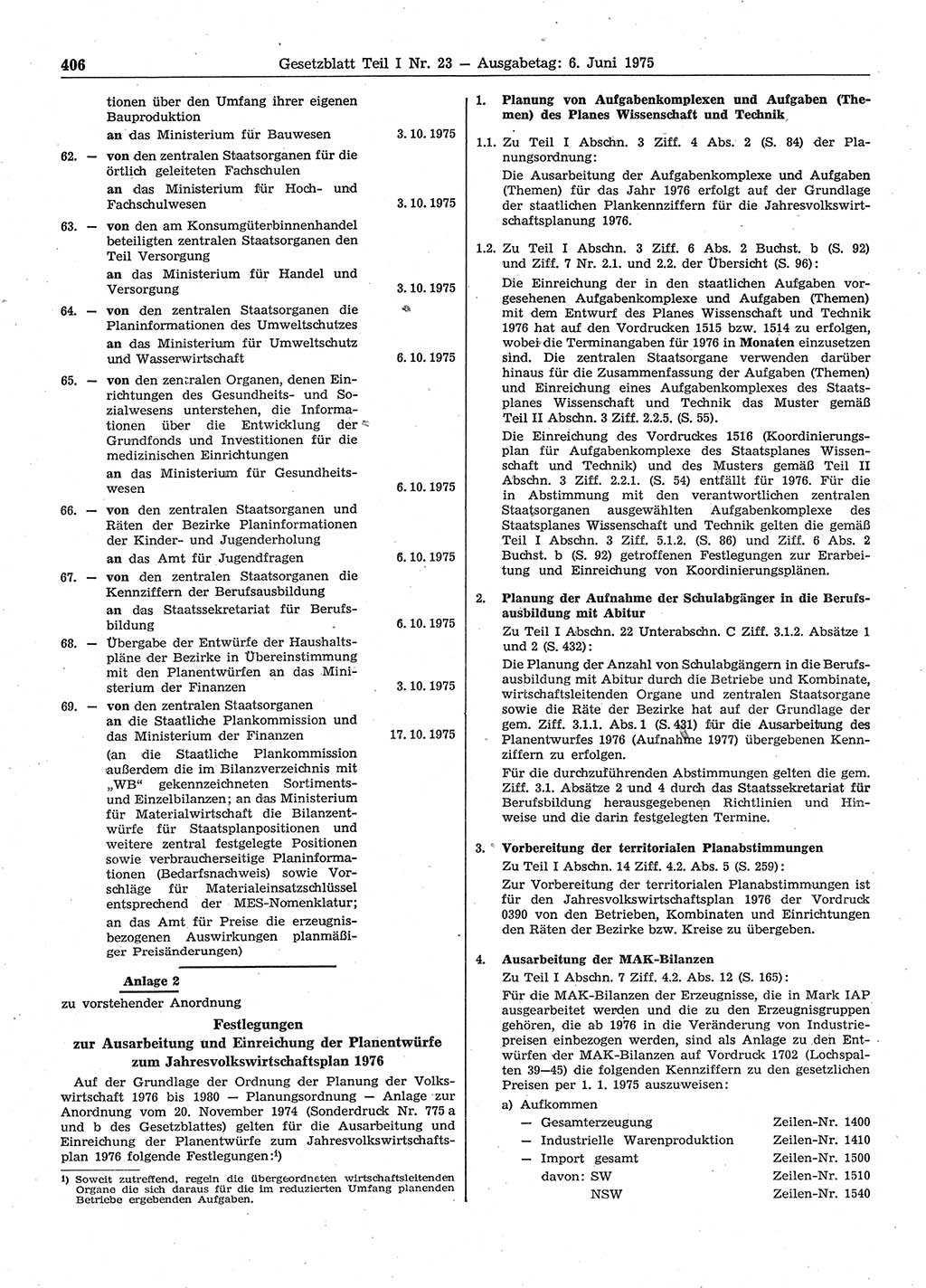 Gesetzblatt (GBl.) der Deutschen Demokratischen Republik (DDR) Teil Ⅰ 1975, Seite 406 (GBl. DDR Ⅰ 1975, S. 406)