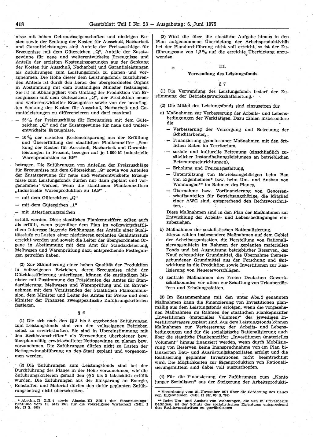 Gesetzblatt (GBl.) der Deutschen Demokratischen Republik (DDR) Teil Ⅰ 1975, Seite 418 (GBl. DDR Ⅰ 1975, S. 418)