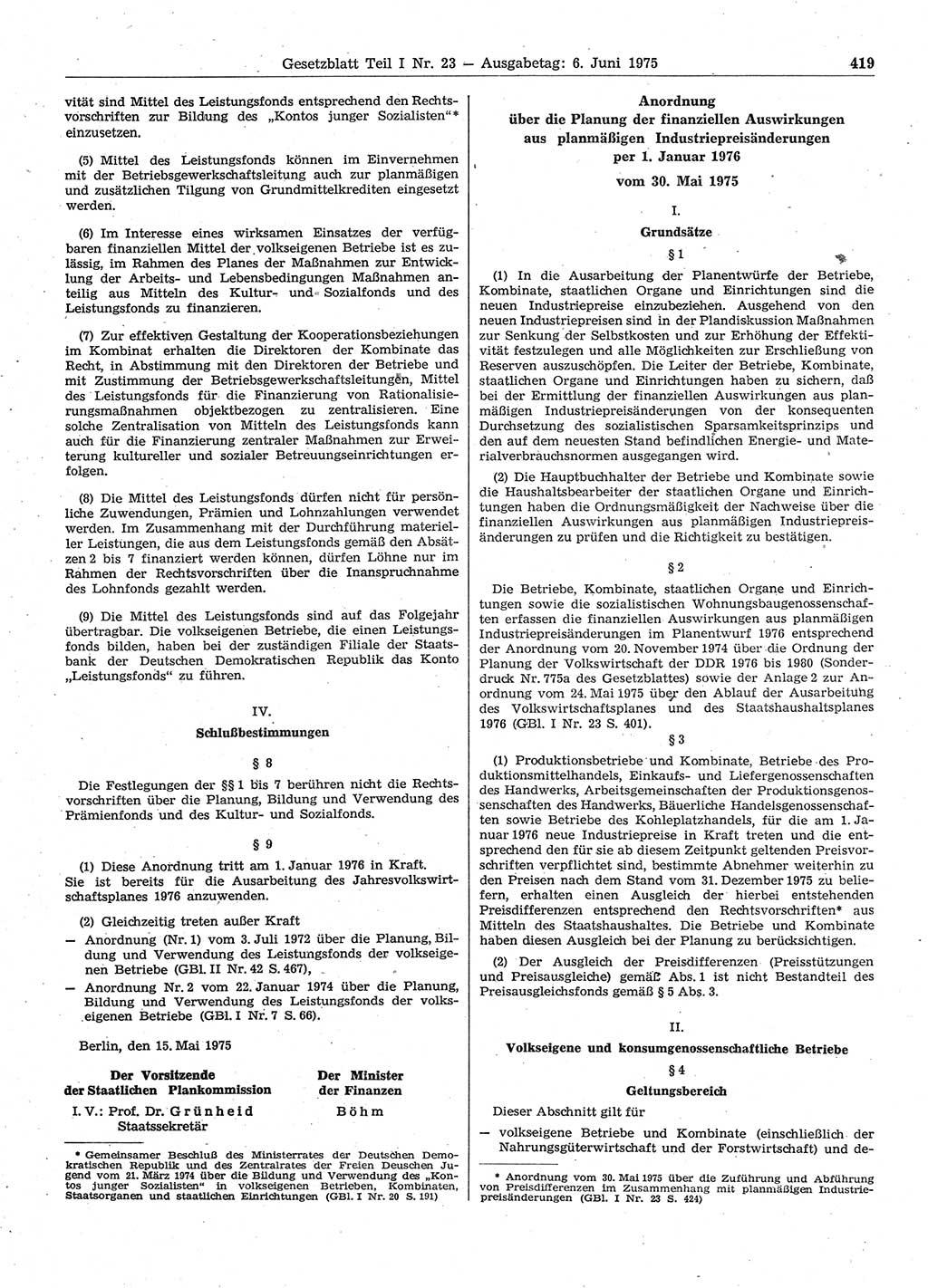 Gesetzblatt (GBl.) der Deutschen Demokratischen Republik (DDR) Teil Ⅰ 1975, Seite 419 (GBl. DDR Ⅰ 1975, S. 419)