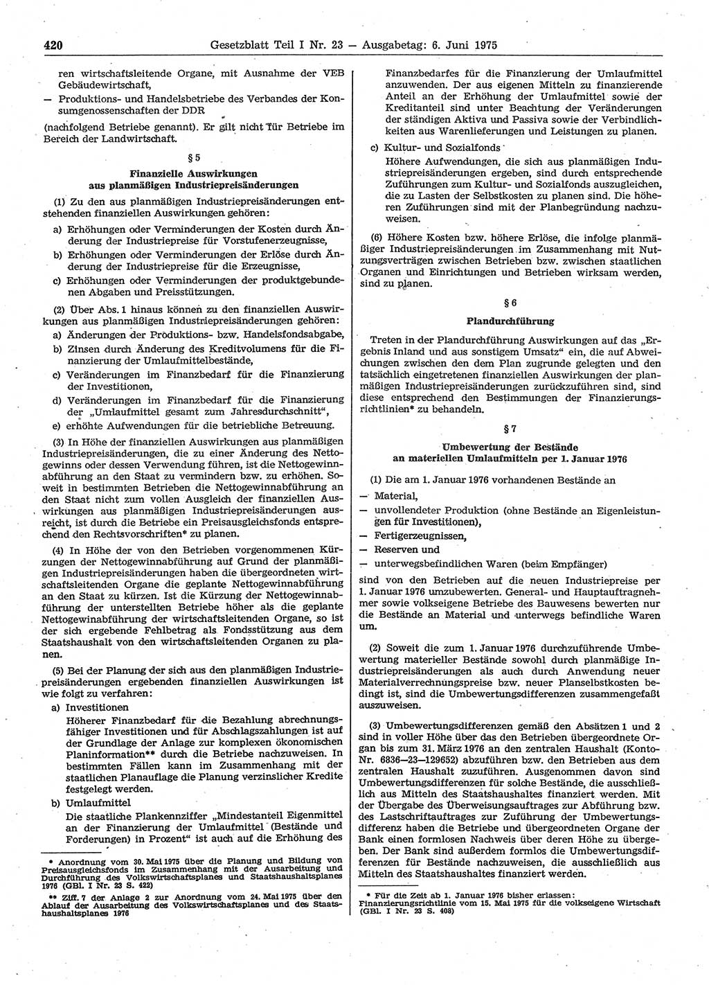 Gesetzblatt (GBl.) der Deutschen Demokratischen Republik (DDR) Teil Ⅰ 1975, Seite 420 (GBl. DDR Ⅰ 1975, S. 420)