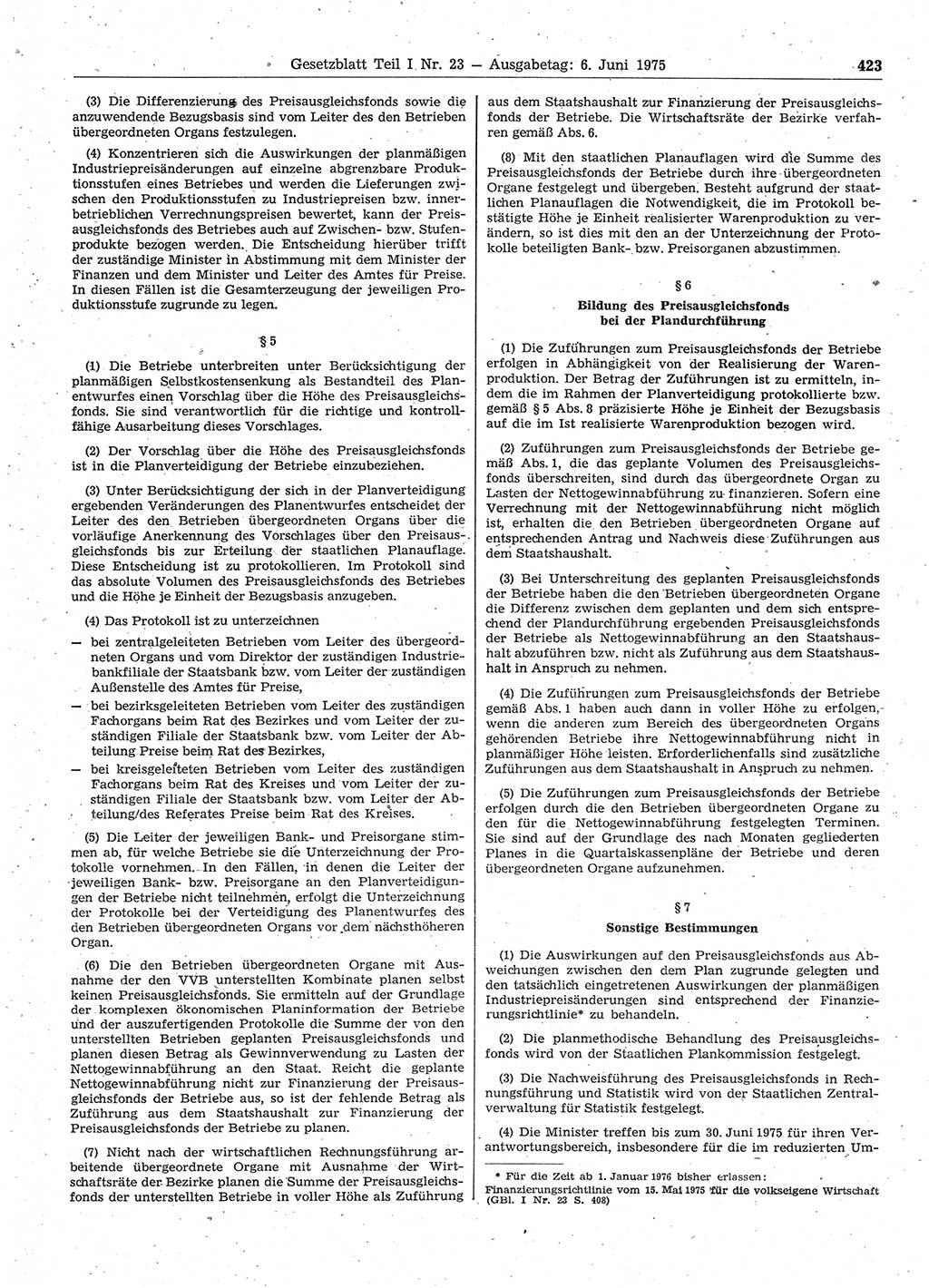 Gesetzblatt (GBl.) der Deutschen Demokratischen Republik (DDR) Teil Ⅰ 1975, Seite 423 (GBl. DDR Ⅰ 1975, S. 423)